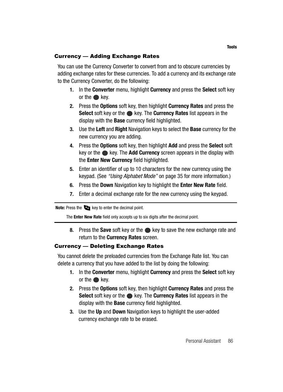 Currency - adding exchange rates, Currency - deleting exchange rates | Samsung SGH-A436ZKAGEN User Manual | Page 89 / 126