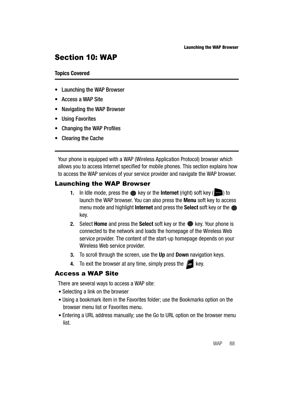 Section 10: wap, Launching the wap browser, Access a wap site | Launching the wap browser access a wap site | Samsung SGH-A436ZKAGEN User Manual | Page 91 / 126