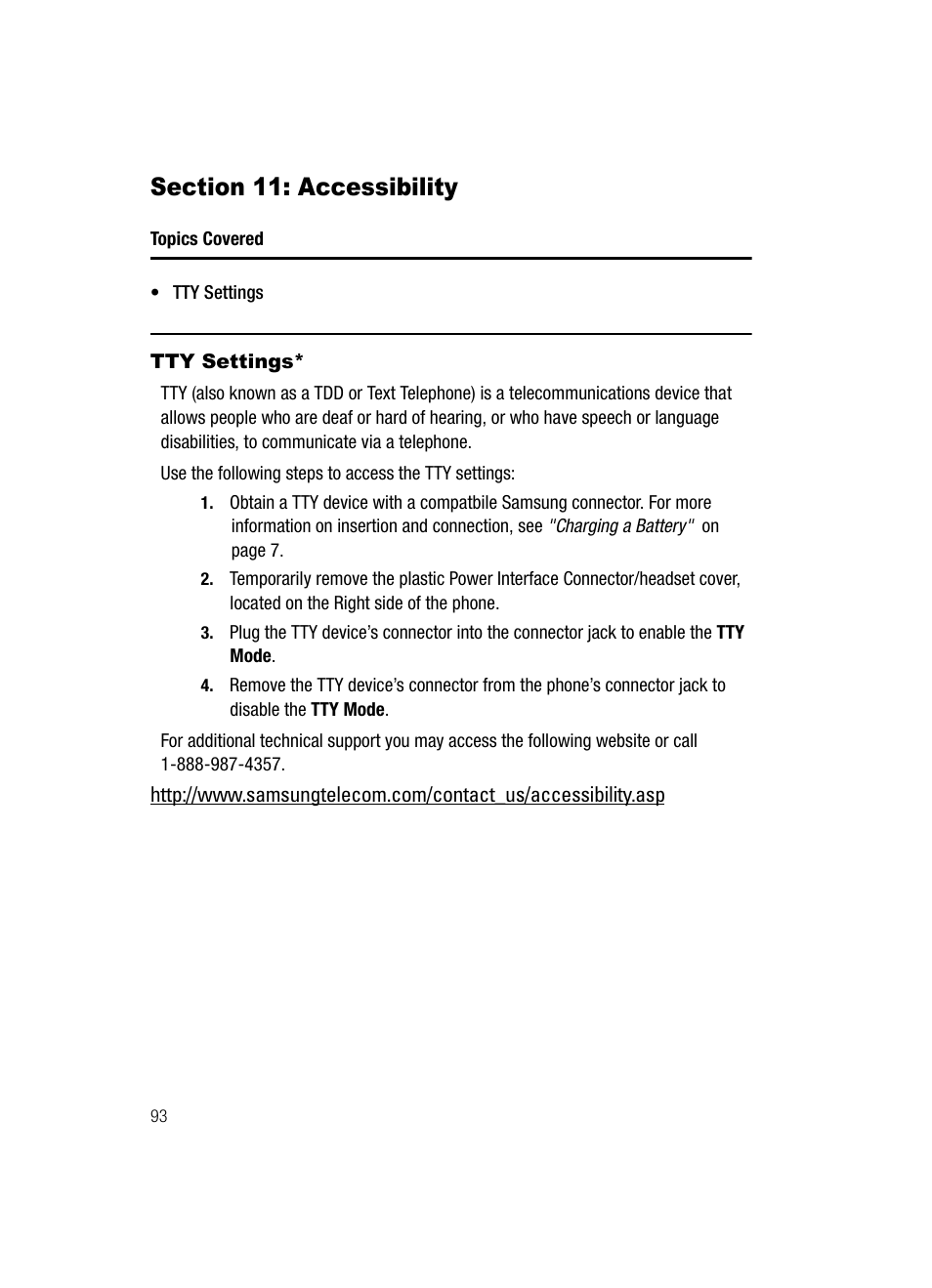 Section 11: accessibility, Tty settings | Samsung SGH-A436ZKAGEN User Manual | Page 96 / 126