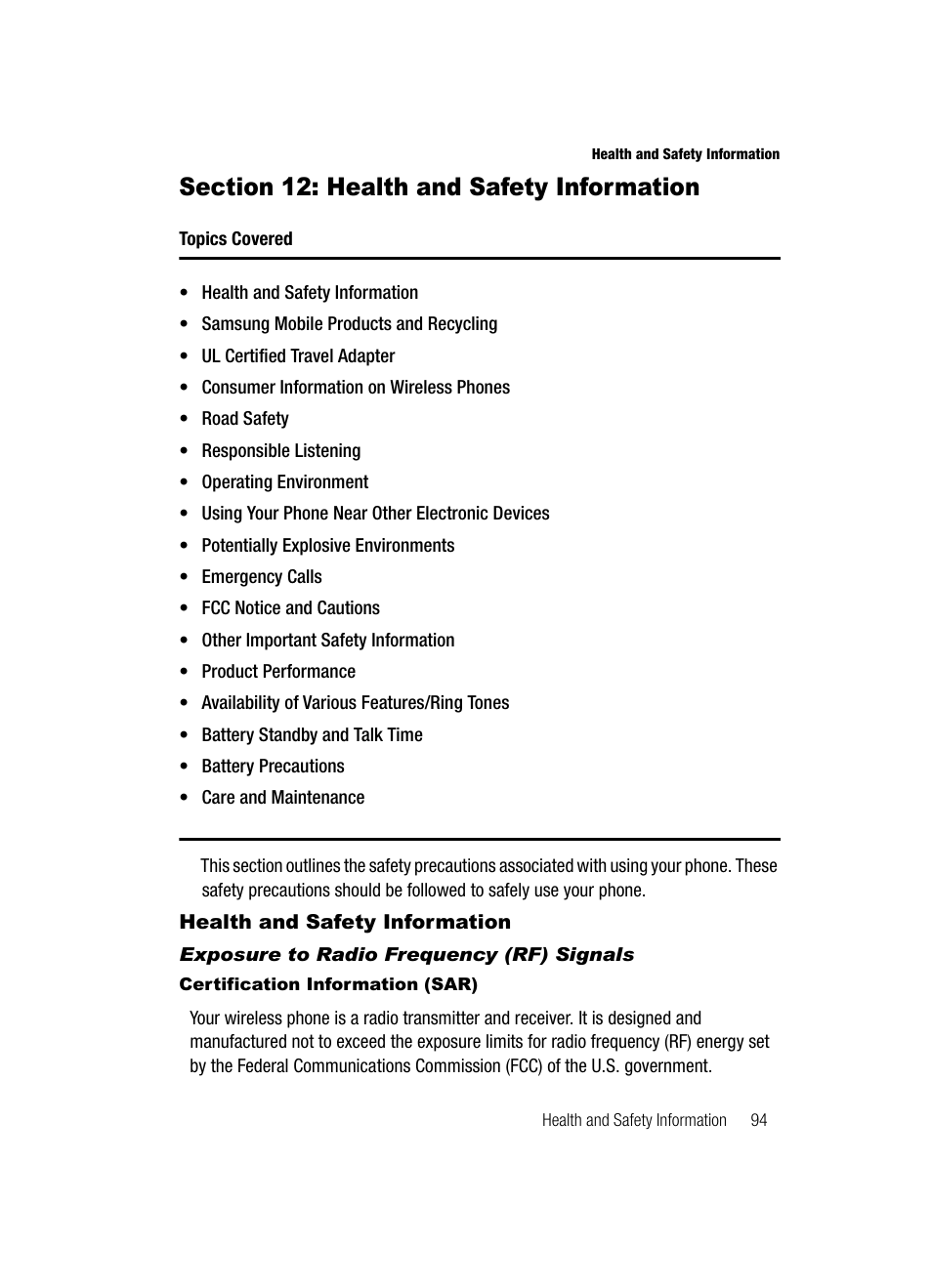Section 12: health and safety information, Health and safety information, Exposure to radio frequency (rf) signals | Certification information (sar) | Samsung SGH-A436ZKAGEN User Manual | Page 97 / 126