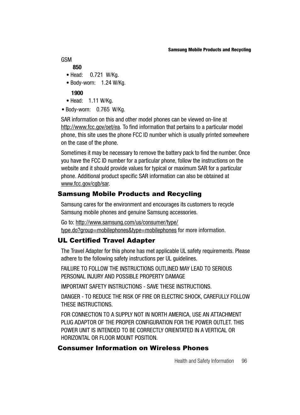 Samsung mobile products and recycling, Ul certified travel adapter, Consumer information on wireless phones | Samsung SGH-A436ZKAGEN User Manual | Page 99 / 126