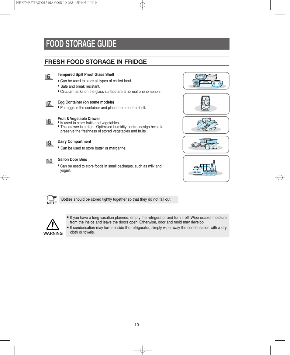 Food storage guide, Fresh food storage in fridge | Samsung RM255BARB-XAC User Manual | Page 10 / 40