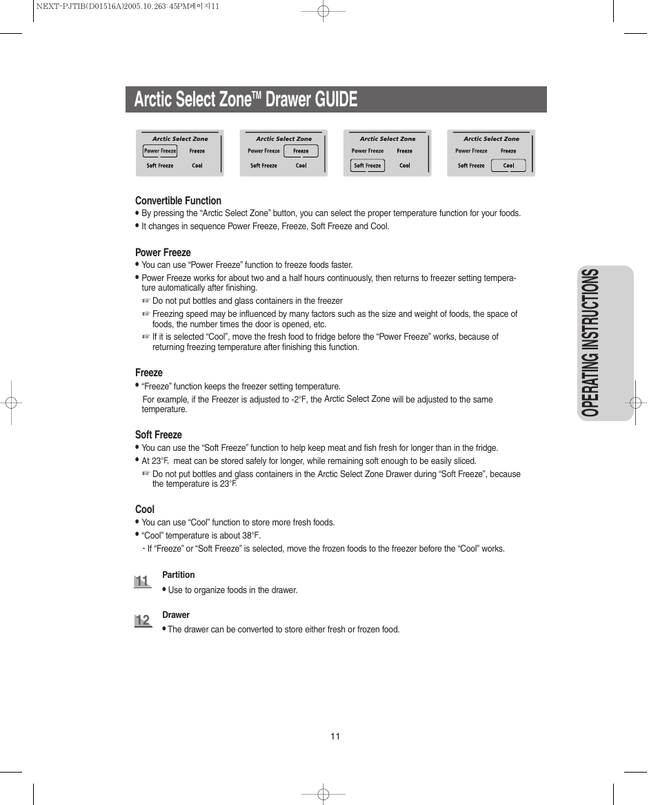 Arctic select zonetm drawer guide, Opera ting instr uctions, Arctic select zone | Drawer guide | Samsung RM255BARB-XAC User Manual | Page 11 / 40