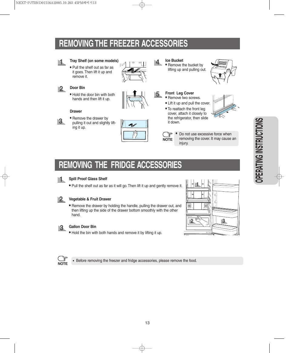 Removing the freezer accessories, Removing the fridge accessories, Opera ting instr uctions | Samsung RM255BARB-XAC User Manual | Page 13 / 40