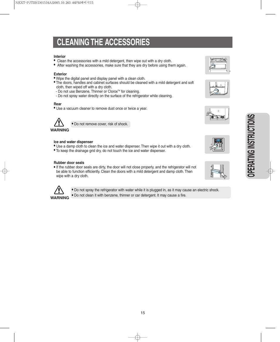 Cleaning the accessories, Opera ting instr uctions | Samsung RM255BARB-XAC User Manual | Page 15 / 40