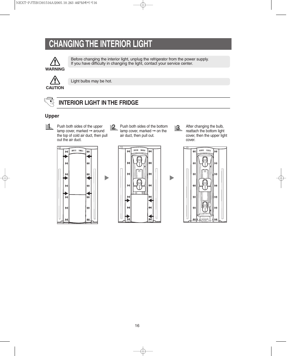 Changing the interior light, Interior light in the fridge | Samsung RM255BARB-XAC User Manual | Page 16 / 40