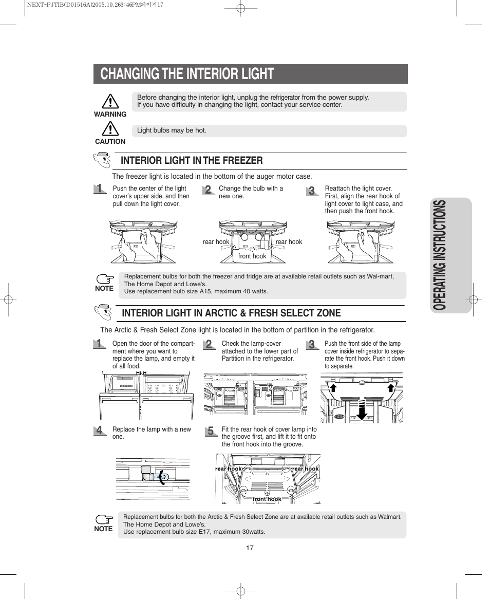 Opera ting instr uctions, Changing the interior light, Interior light in arctic & fresh select zone | Interior light in the freezer | Samsung RM255BARB-XAC User Manual | Page 17 / 40
