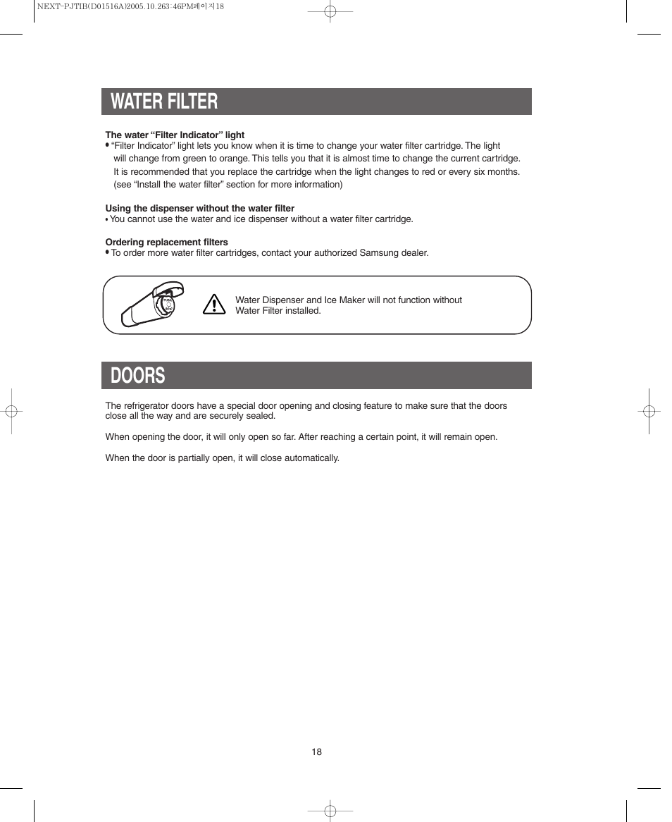 Water filter, Doors | Samsung RM255BARB-XAC User Manual | Page 18 / 40