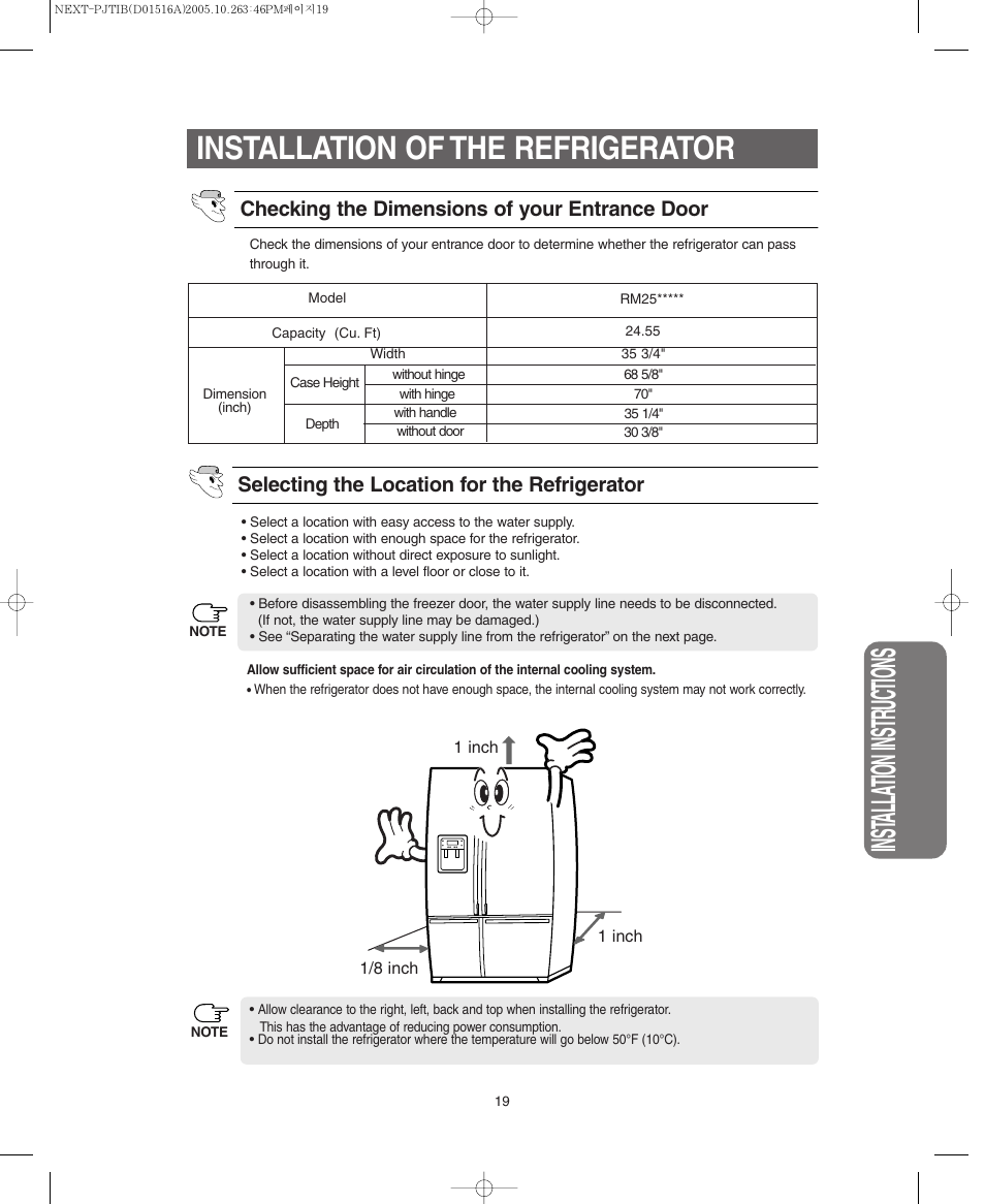 Installation of the refrigerator, Inst alla tion instr uctions | Samsung RM255BARB-XAC User Manual | Page 19 / 40