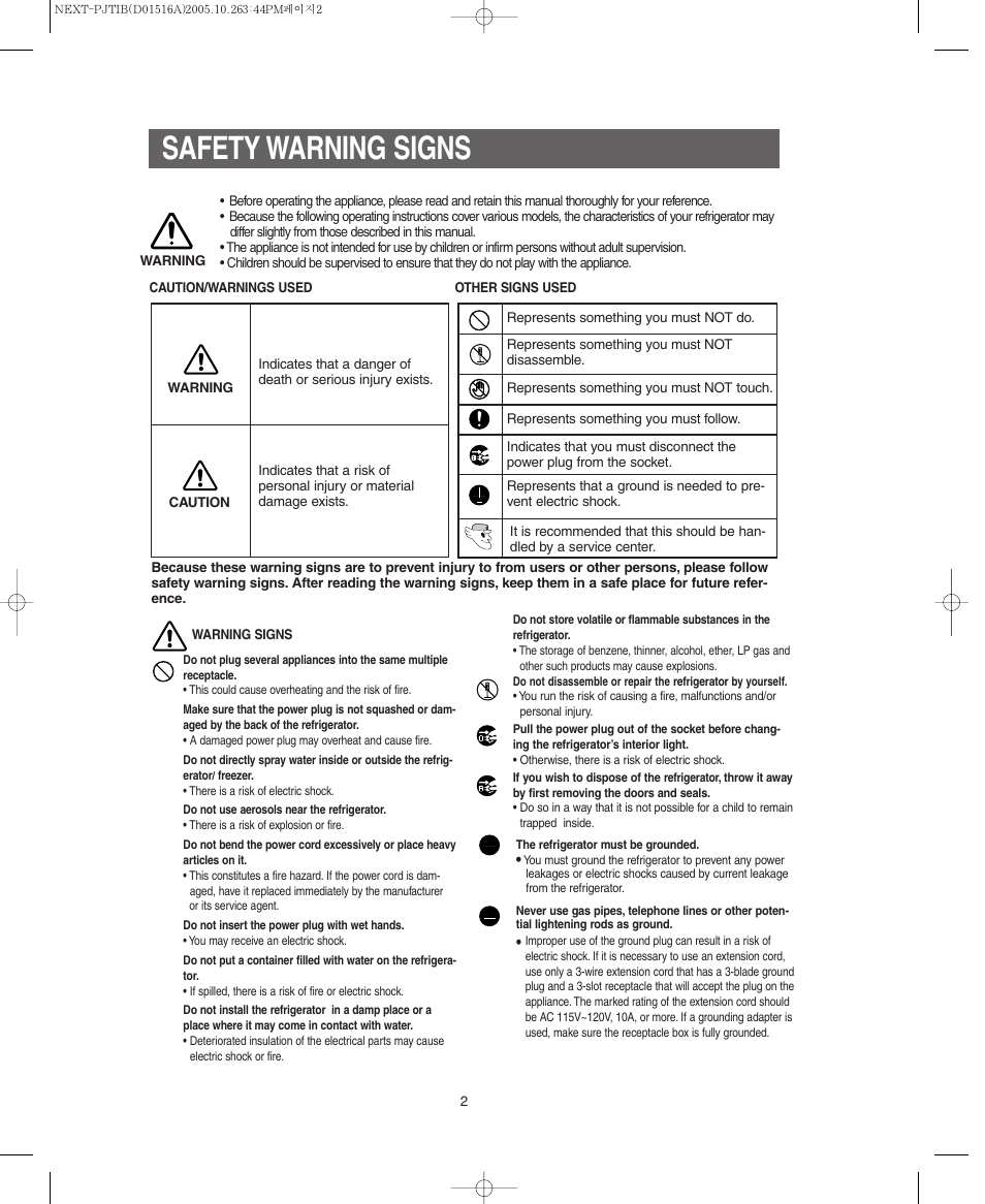 Safety warning signs | Samsung RM255BARB-XAC User Manual | Page 2 / 40