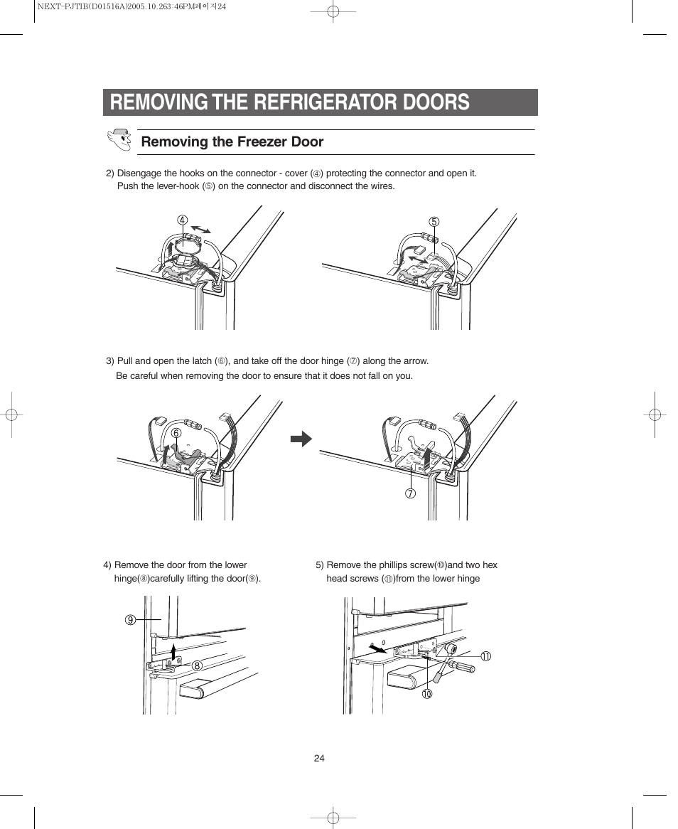 Removing the refrigerator doors, Removing the freezer door | Samsung RM255BARB-XAC User Manual | Page 24 / 40