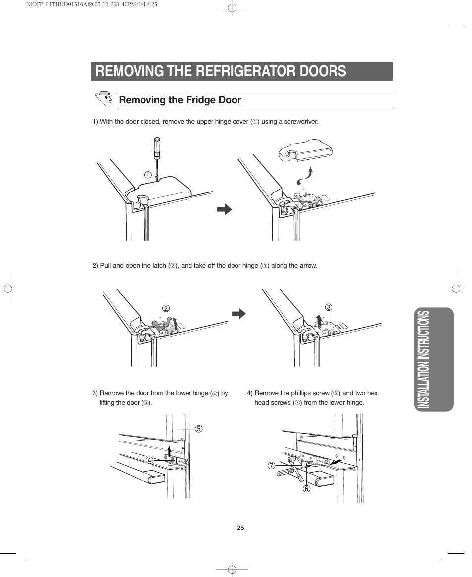 Inst alla tion instr uctions, Removing the refrigerator doors | Samsung RM255BARB-XAC User Manual | Page 25 / 40