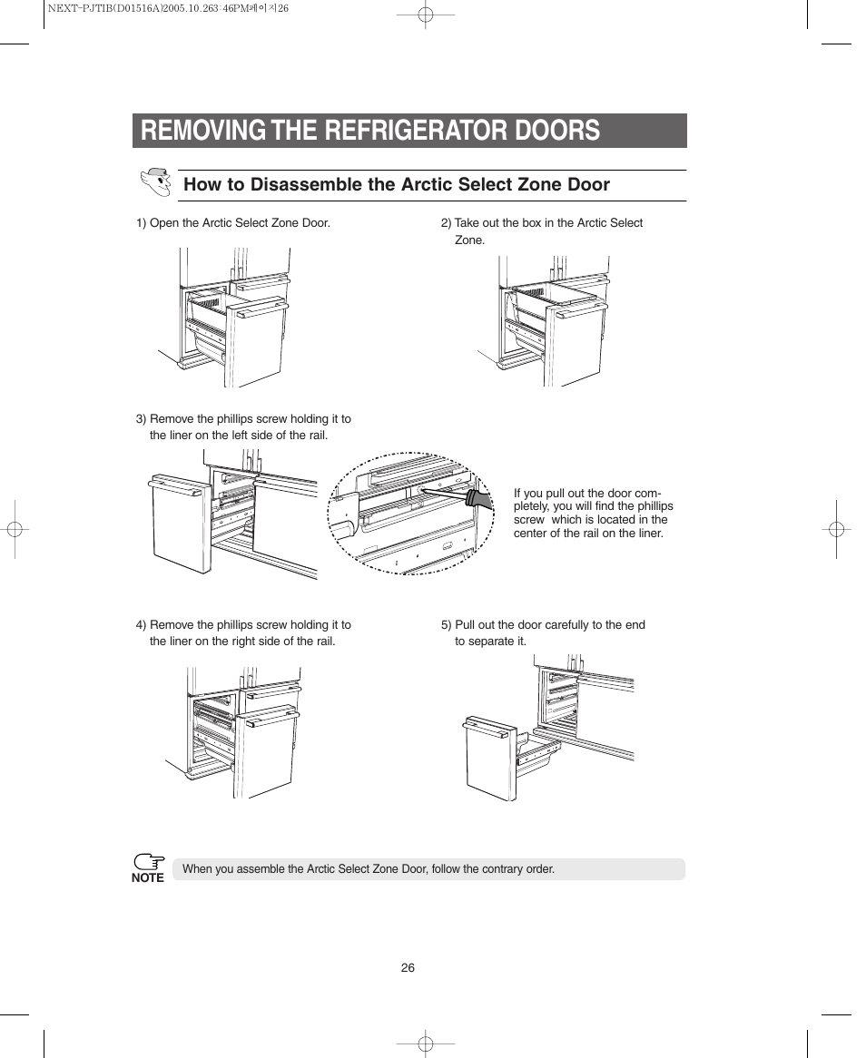Removing the refrigerator doors, How to disassemble the arctic select zone door | Samsung RM255BARB-XAC User Manual | Page 26 / 40