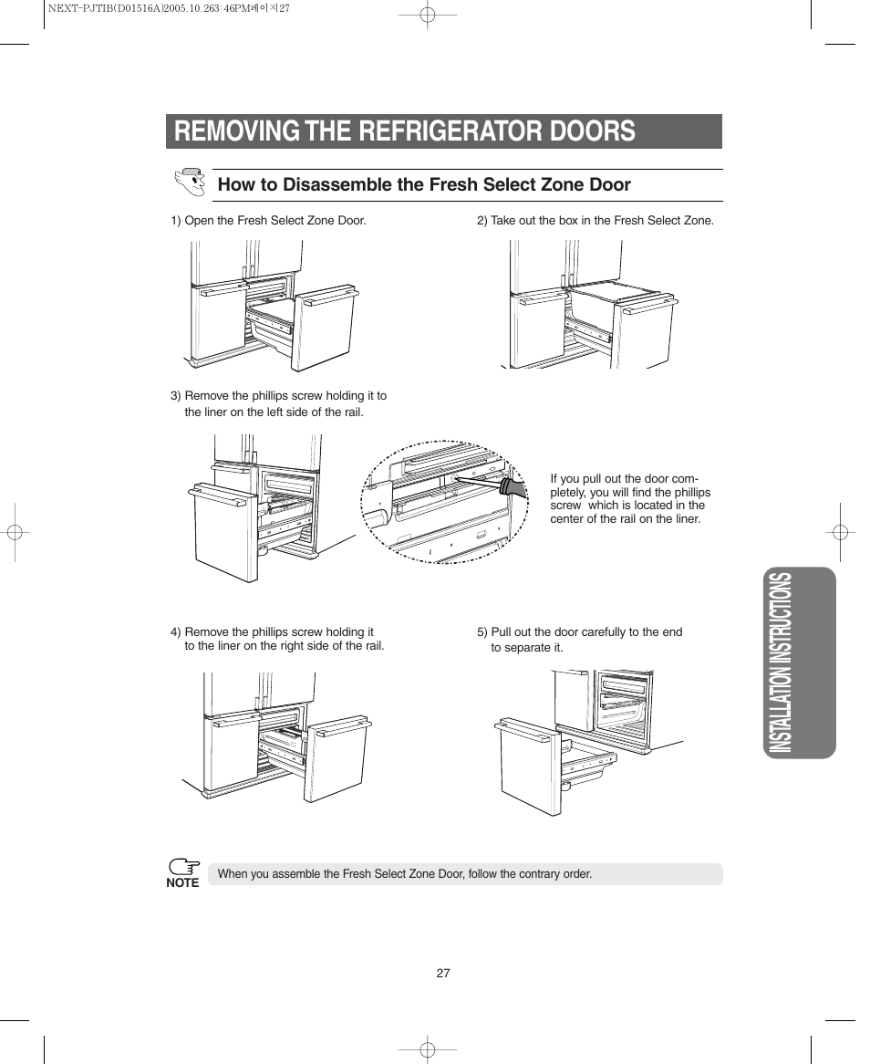 Inst alla tion instr uctions, Removing the refrigerator doors | Samsung RM255BARB-XAC User Manual | Page 27 / 40