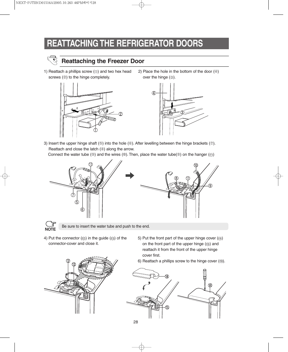 Reattaching the refrigerator doors, Reattaching the freezer door | Samsung RM255BARB-XAC User Manual | Page 28 / 40