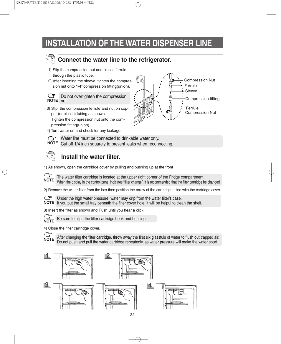 Installation of the water dispenser line, Install the water filter, Connect the water line to the refrigerator | Samsung RM255BARB-XAC User Manual | Page 32 / 40