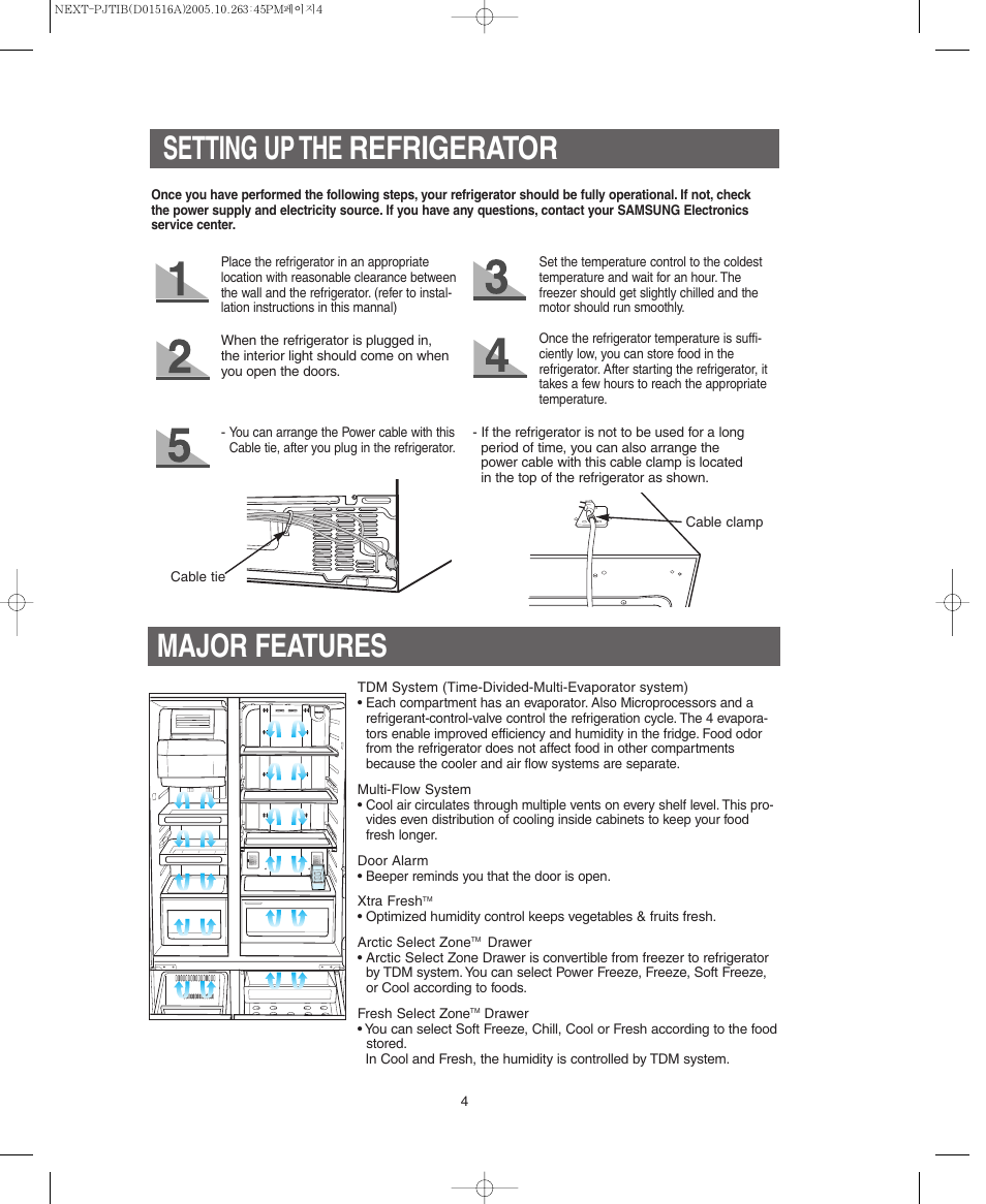 Setting up the refrigerator, Major features | Samsung RM255BARB-XAC User Manual | Page 4 / 40