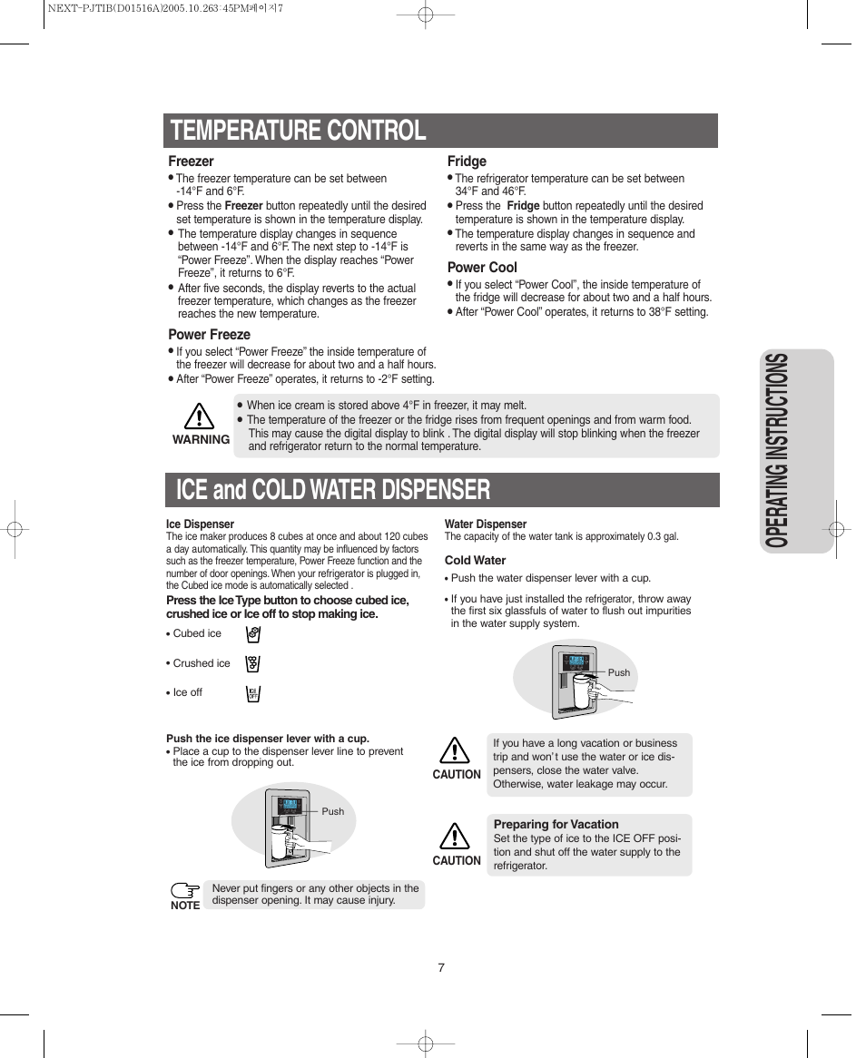 Temperature control, Ice and cold water dispenser, Opera ting instr uctions | Ice and cold water dispenser temperature control | Samsung RM255BARB-XAC User Manual | Page 7 / 40