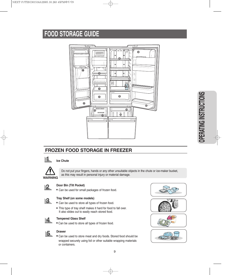 Food storage guide, Opera ting instr uctions, Frozen food storage in freezer | Samsung RM255BARB-XAC User Manual | Page 9 / 40