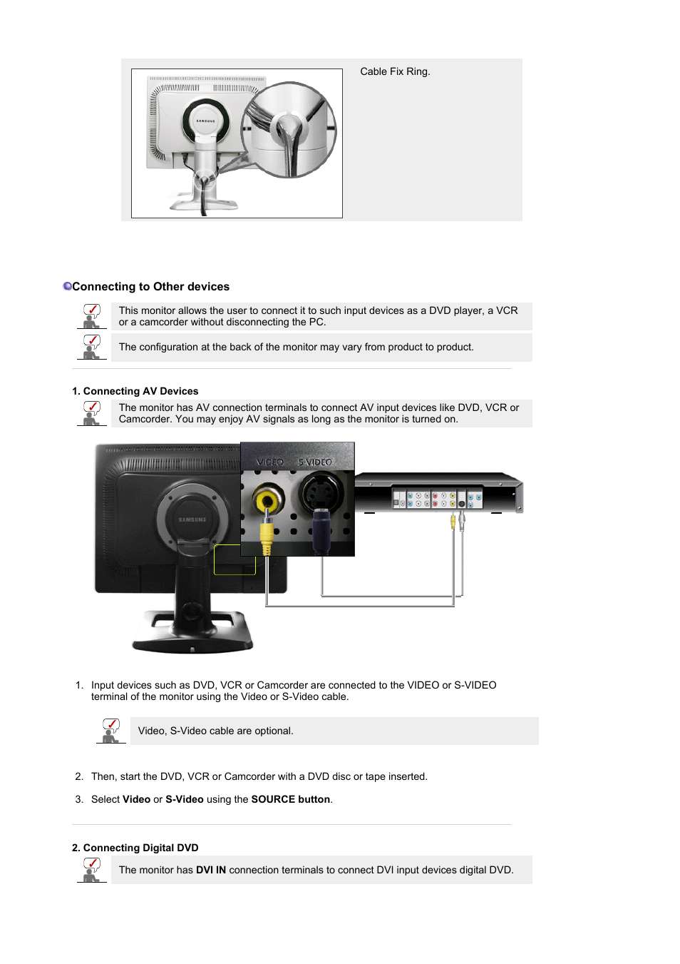 Connecting to other devices, Connecting av devices, Connecting digital dvd | Samsung LS21BRBAB-XAA User Manual | Page 16 / 79