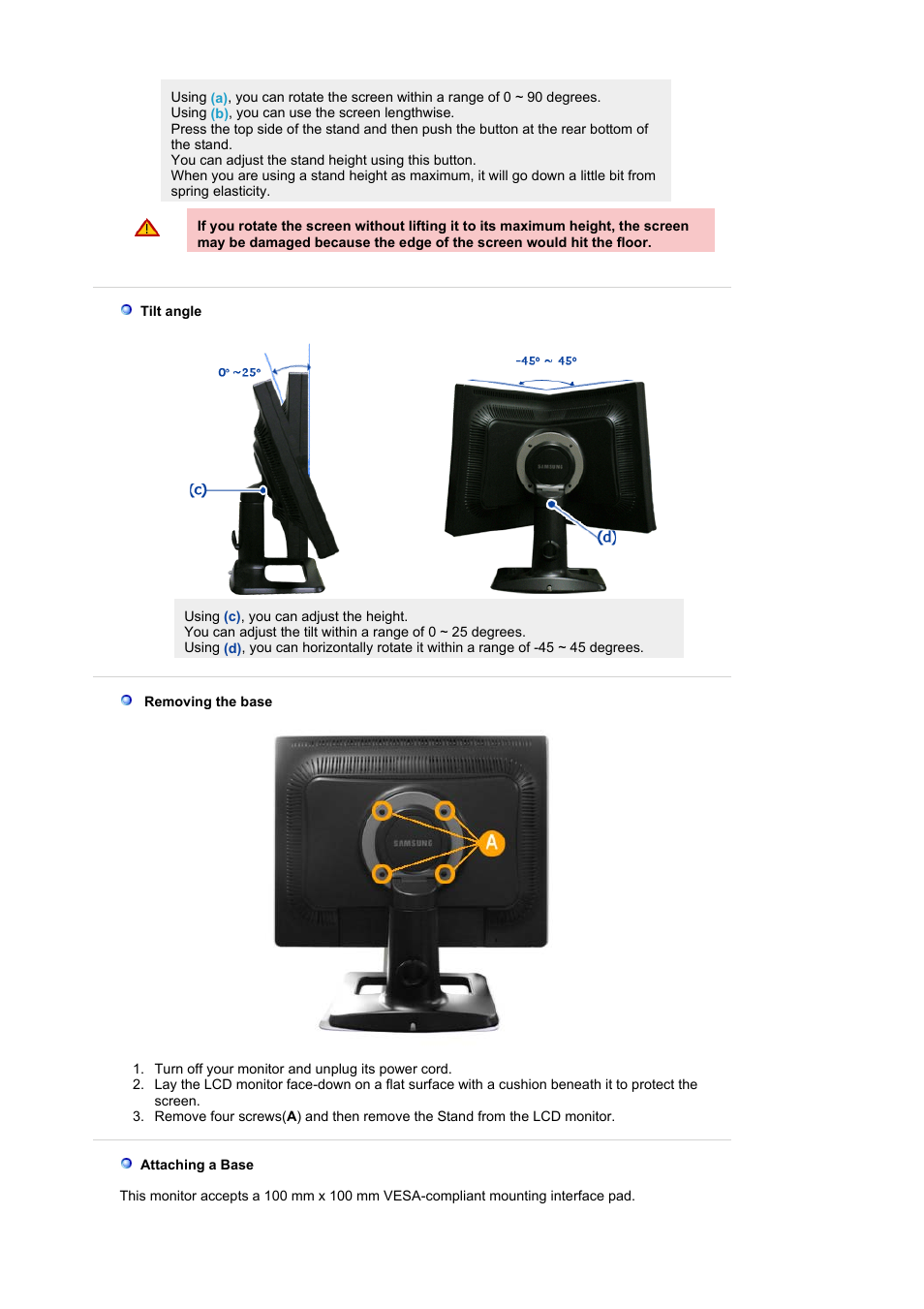 Tilt angle, Removing the base, Attaching a base | Samsung LS21BRBAB-XAA User Manual | Page 18 / 79