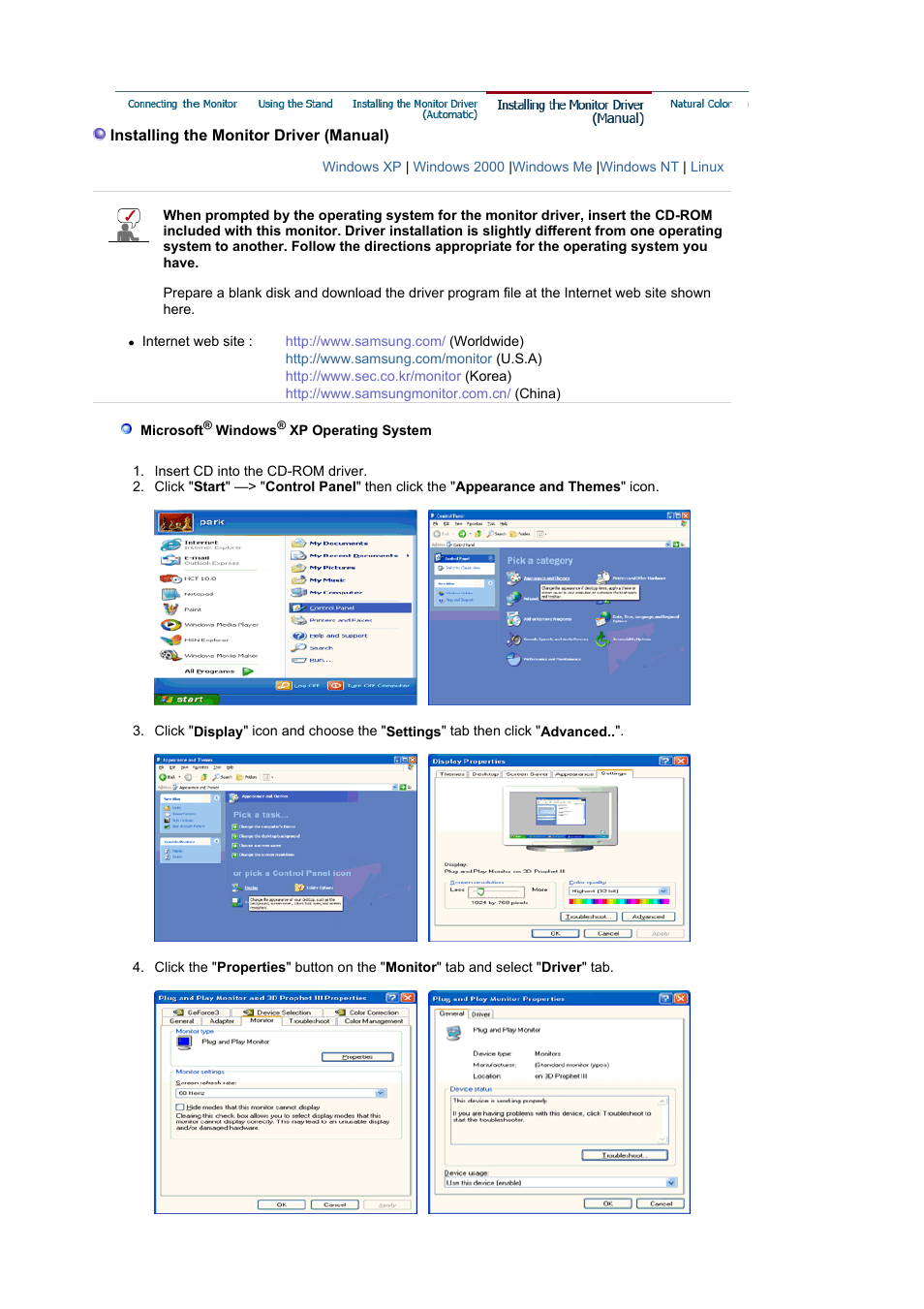Installing the monitor driver (manual) | Samsung LS21BRBAB-XAA User Manual | Page 21 / 79