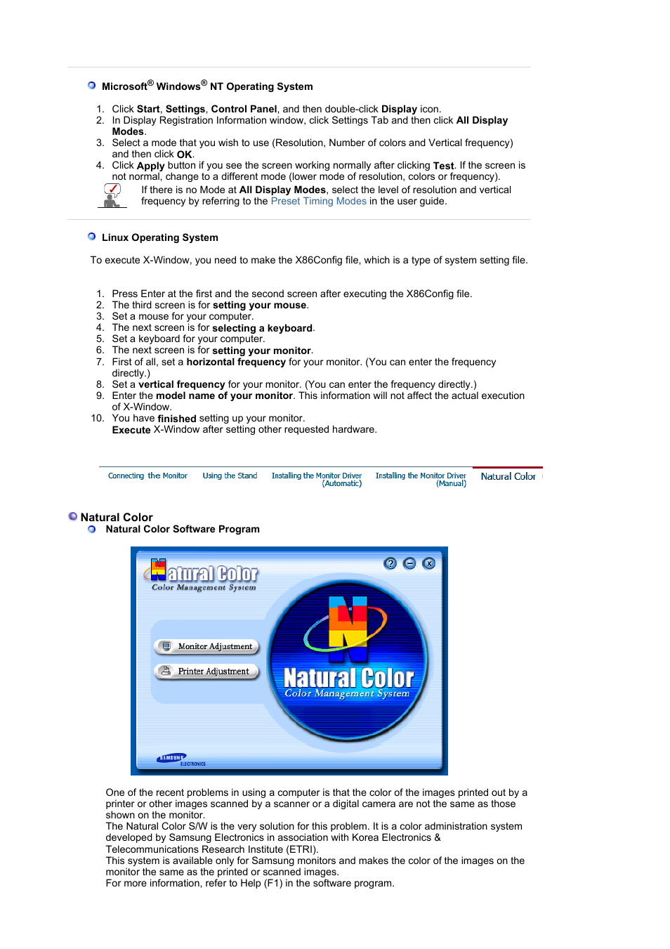 Natural color, Adjusting your monitor | Samsung LS21BRBAB-XAA User Manual | Page 24 / 79