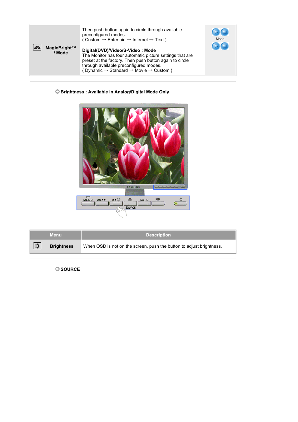 Brightness, Source | Samsung LS21BRBAB-XAA User Manual | Page 29 / 79