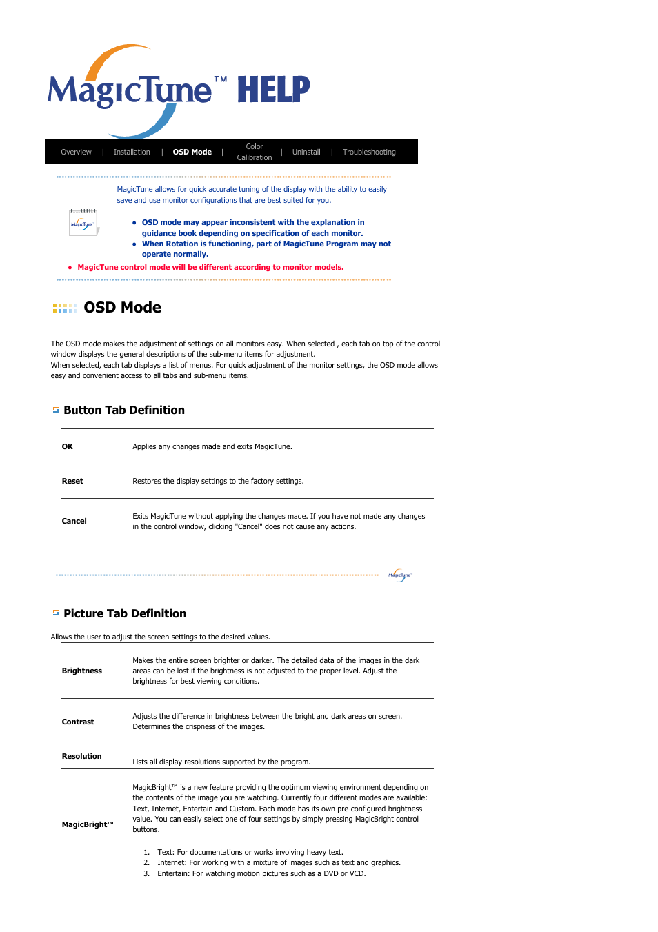Osd mode, Button tab definition, Picture tab definition | Samsung LS21BRBAB-XAA User Manual | Page 45 / 79