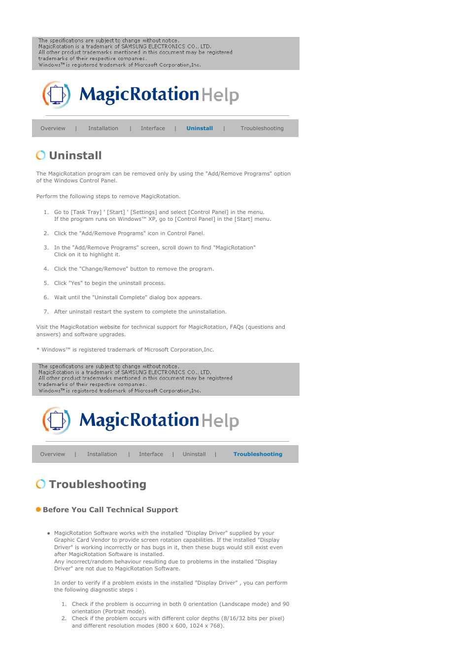 Uninstall, Troubleshooting, Before you call technical support | Samsung LS21BRBAB-XAA User Manual | Page 62 / 79