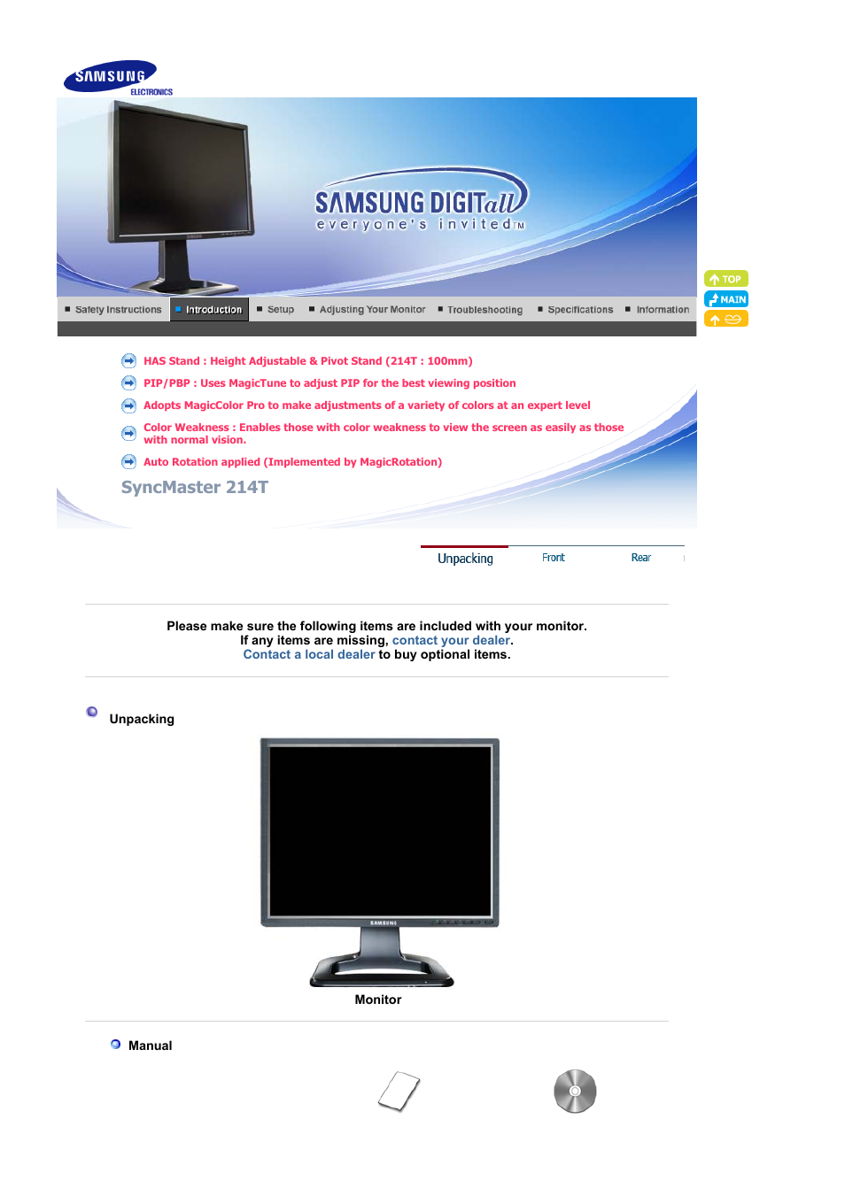 Introduction, Unpacking, Syncmaster 214t | Samsung LS21BRBAB-XAA User Manual | Page 9 / 79