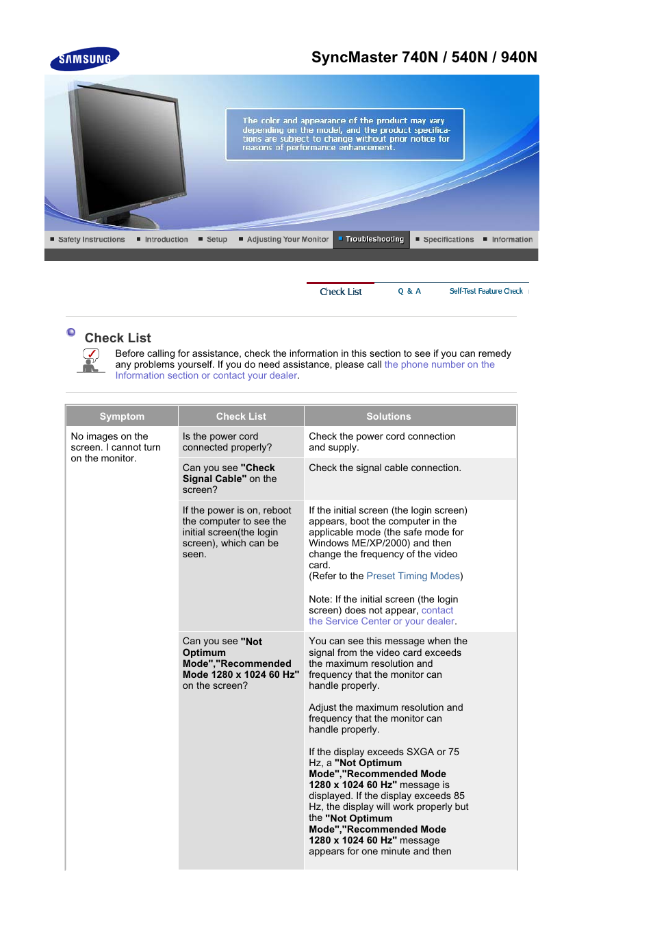 Syncmaster 740n / 540n / 940n, Check list | Samsung MJ19BSASQ-XBG User Manual | Page 136 / 189