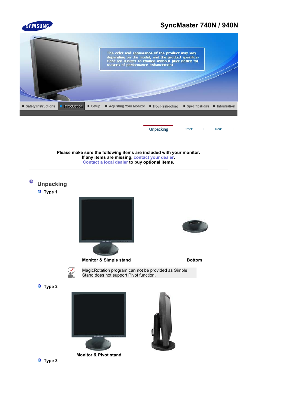 Syncmaster 740n / 940n, Unpacking | Samsung MJ19BSASQ-XBG User Manual | Page 18 / 189