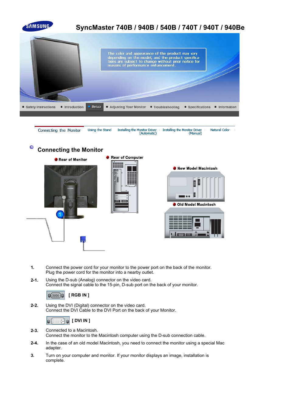 Setup, Syncmaster 740b / 940b / 540b / 740t / 940t/ 940be, Connecting the monitor | Using the stand | Samsung MJ19BSASQ-XBG User Manual | Page 37 / 189