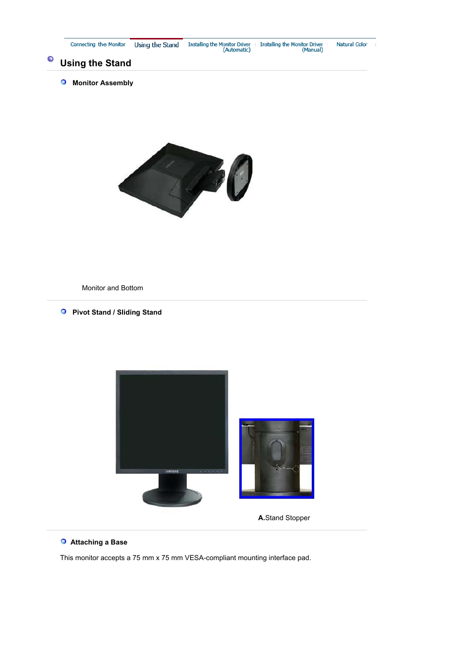 Using the stand | Samsung MJ19BSASQ-XBG User Manual | Page 38 / 189