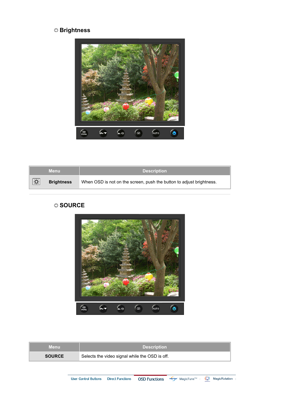 Osd functions, Brightness, Source | Samsung MJ19BSASQ-XBG User Manual | Page 57 / 189