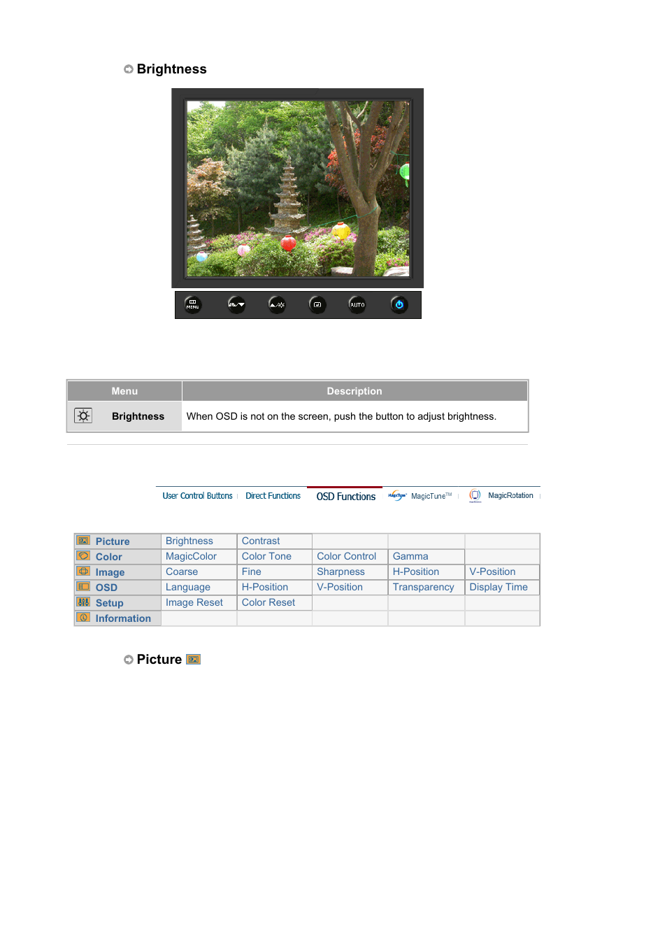 Osd functions, Brightness, Picture | Samsung MJ19BSASQ-XBG User Manual | Page 67 / 189