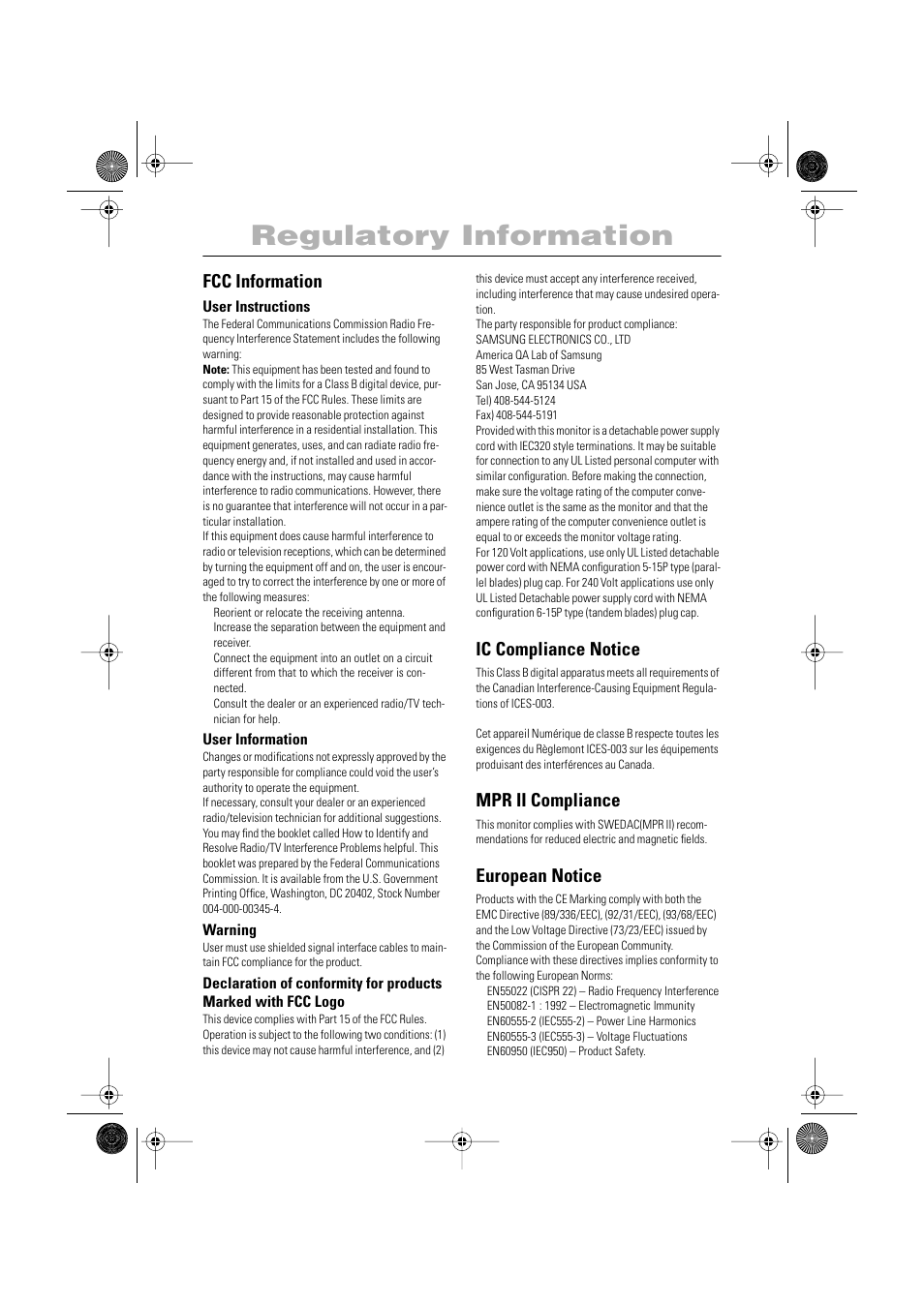 Regulatory information, Fcc information, Ic compliance notice | Mpr ii compliance, European notice | Samsung DT15VSPN-XBM User Manual | Page 10 / 11