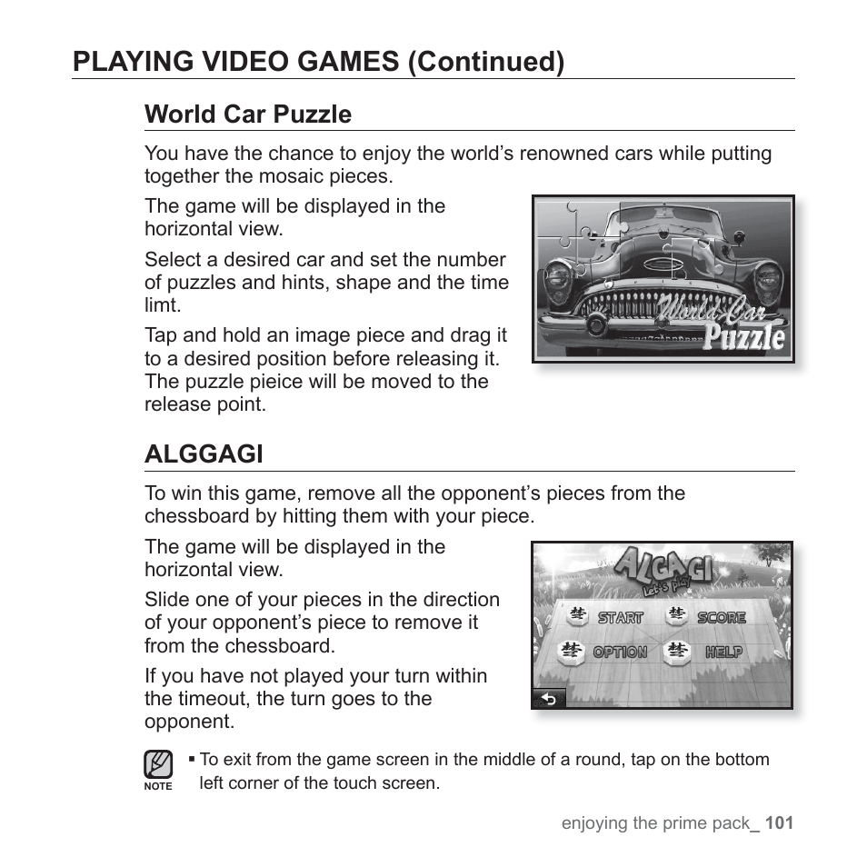 Playing video games (continued), World car puzzle, Alggagi | Samsung YP-P2JABY-XAA User Manual | Page 101 / 152