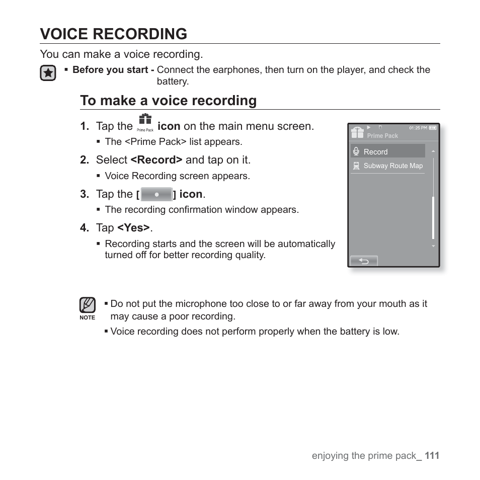 Voice recording | Samsung YP-P2JABY-XAA User Manual | Page 111 / 152