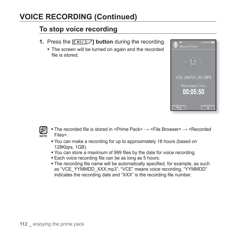 Voice recording (continued) | Samsung YP-P2JABY-XAA User Manual | Page 112 / 152
