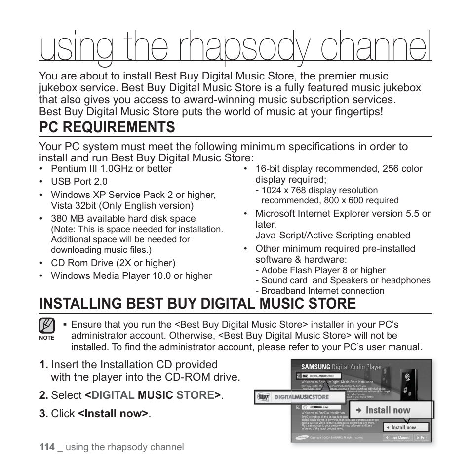 Using the rhapsody channel, Pc requirements, Installing best buy digital music store | Samsung YP-P2JABY-XAA User Manual | Page 114 / 152