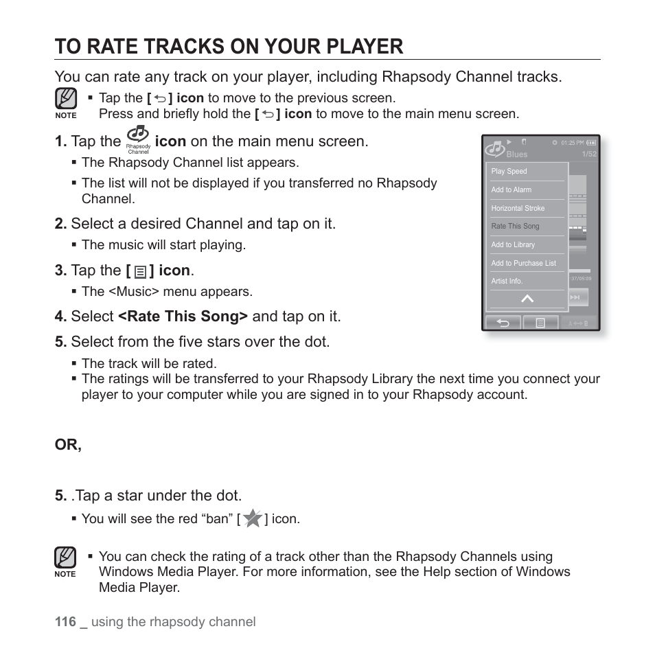 To rate tracks on your player | Samsung YP-P2JABY-XAA User Manual | Page 116 / 152