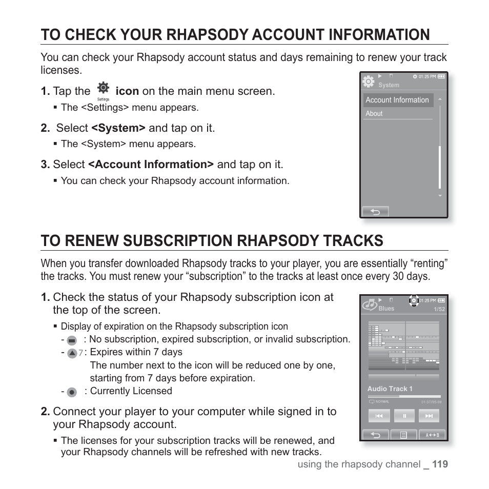 To check your rhapsody account information, To renew subscription rhapsody tracks | Samsung YP-P2JABY-XAA User Manual | Page 119 / 152