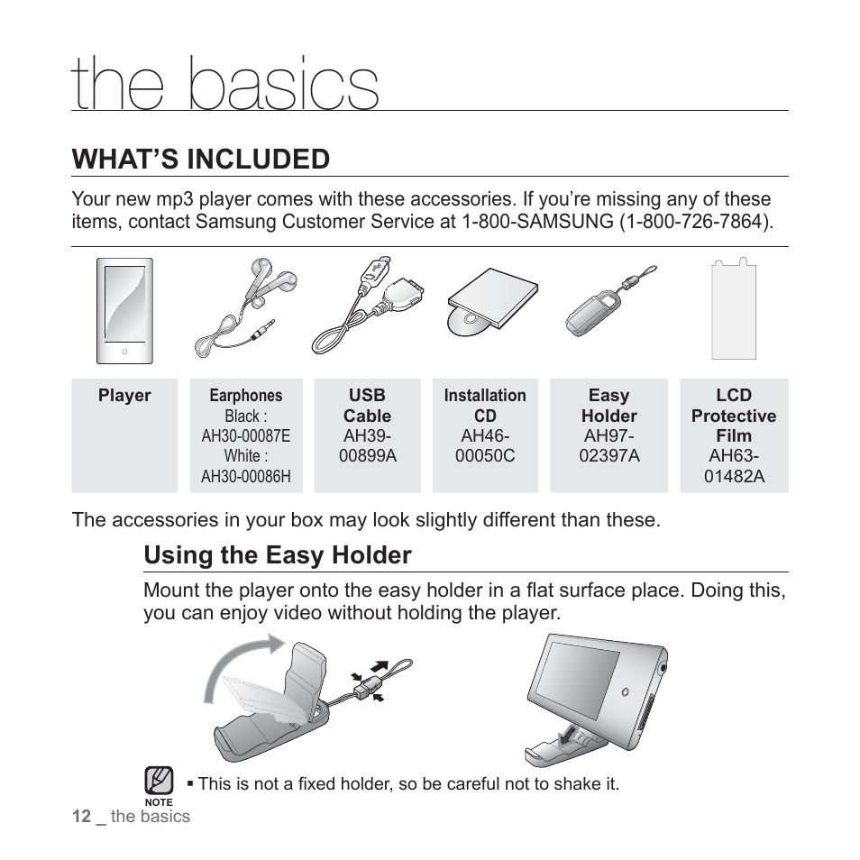 The basics, What’s included, Using the easy holder | Samsung YP-P2JABY-XAA User Manual | Page 12 / 152