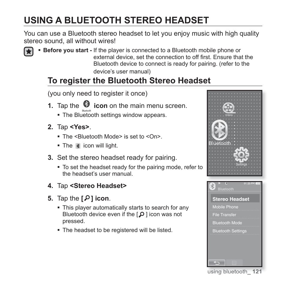 Using a bluetooth stereo headset | Samsung YP-P2JABY-XAA User Manual | Page 121 / 152