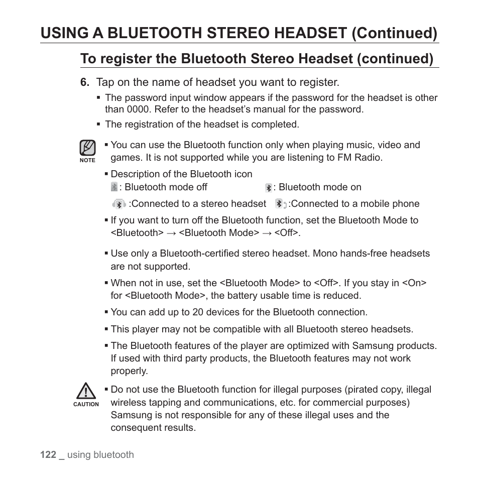 Using a bluetooth stereo headset (continued) | Samsung YP-P2JABY-XAA User Manual | Page 122 / 152