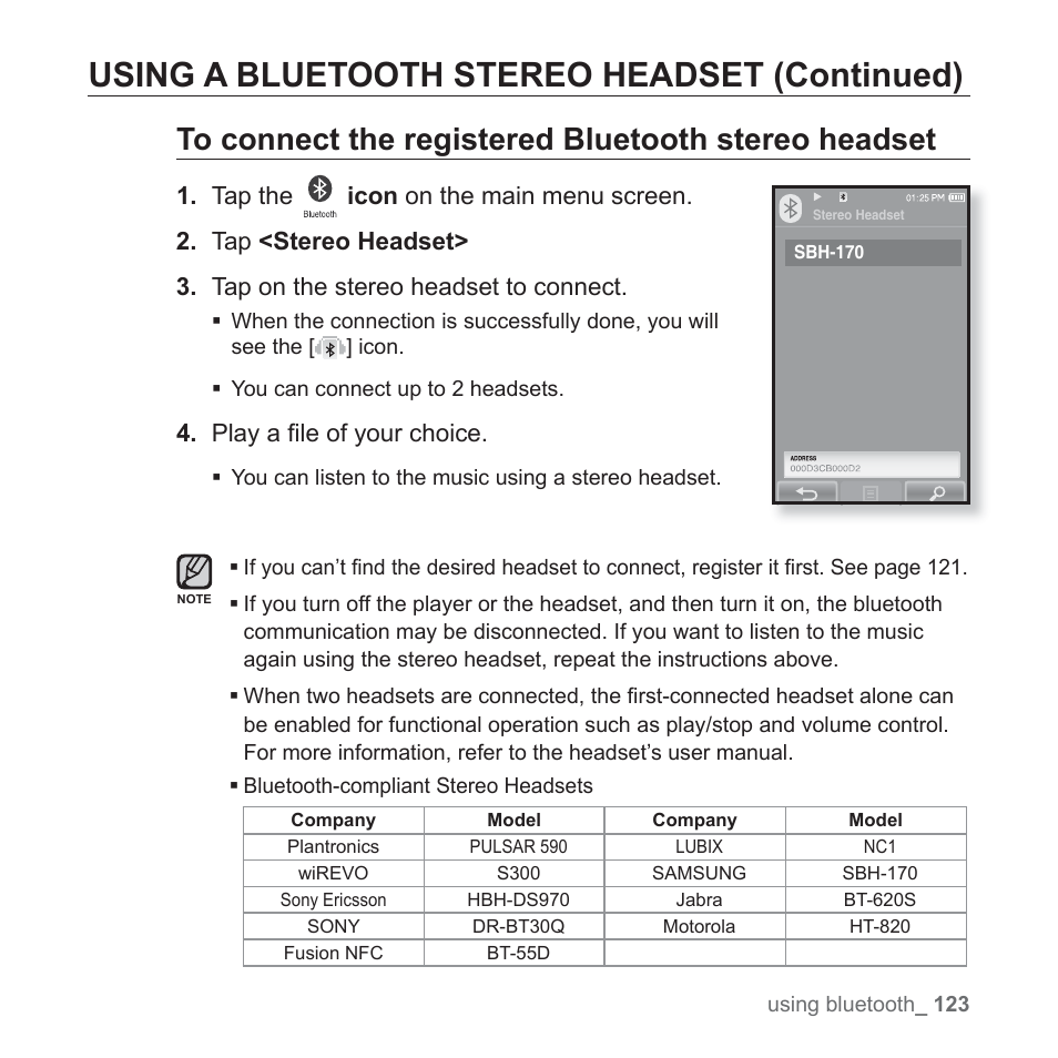 Using a bluetooth stereo headset (continued), Play a fi le of your choice | Samsung YP-P2JABY-XAA User Manual | Page 123 / 152