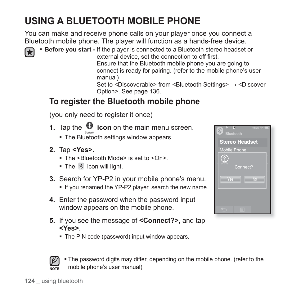 Using a bluetooth mobile phone | Samsung YP-P2JABY-XAA User Manual | Page 124 / 152
