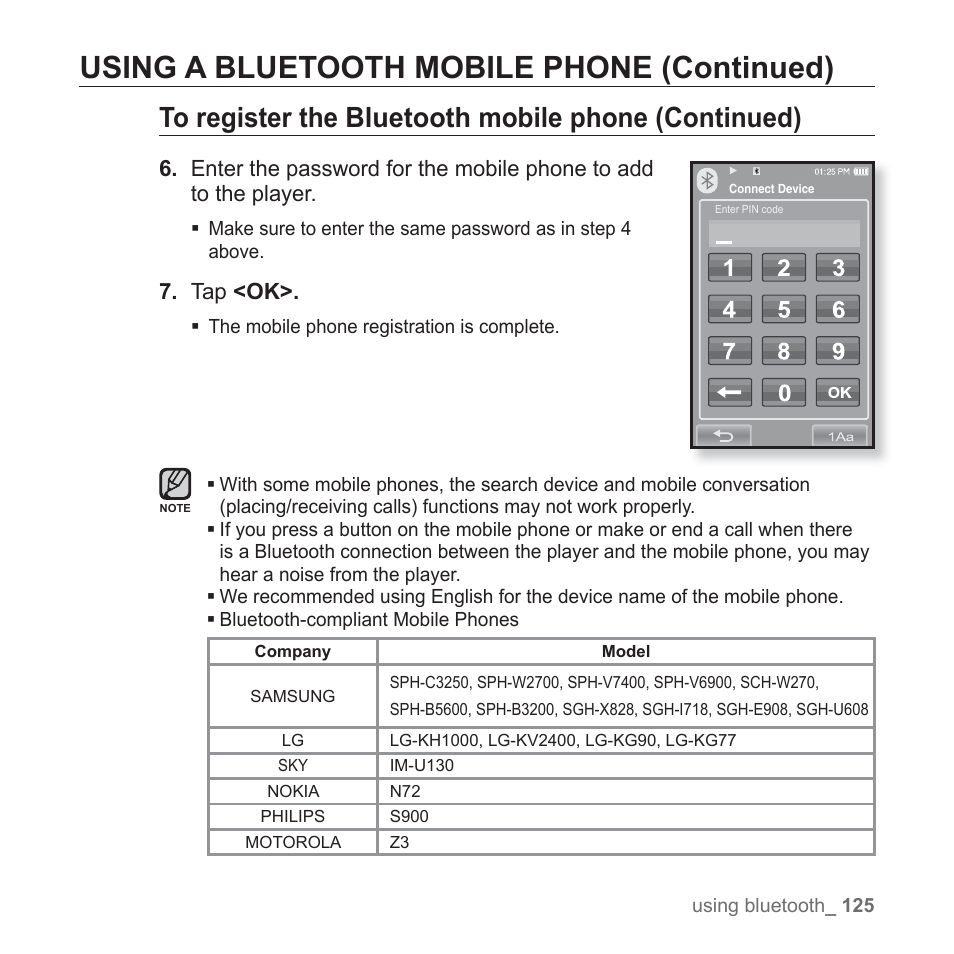 Using a bluetooth mobile phone (continued), Tap <ok | Samsung YP-P2JABY-XAA User Manual | Page 125 / 152